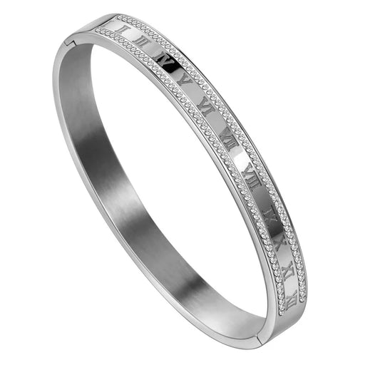 18K Gold Plated Rose Gold Plated Elegant Punk Minimalist Roman Numeral Inlay Rhinestones Zircon Bangle
